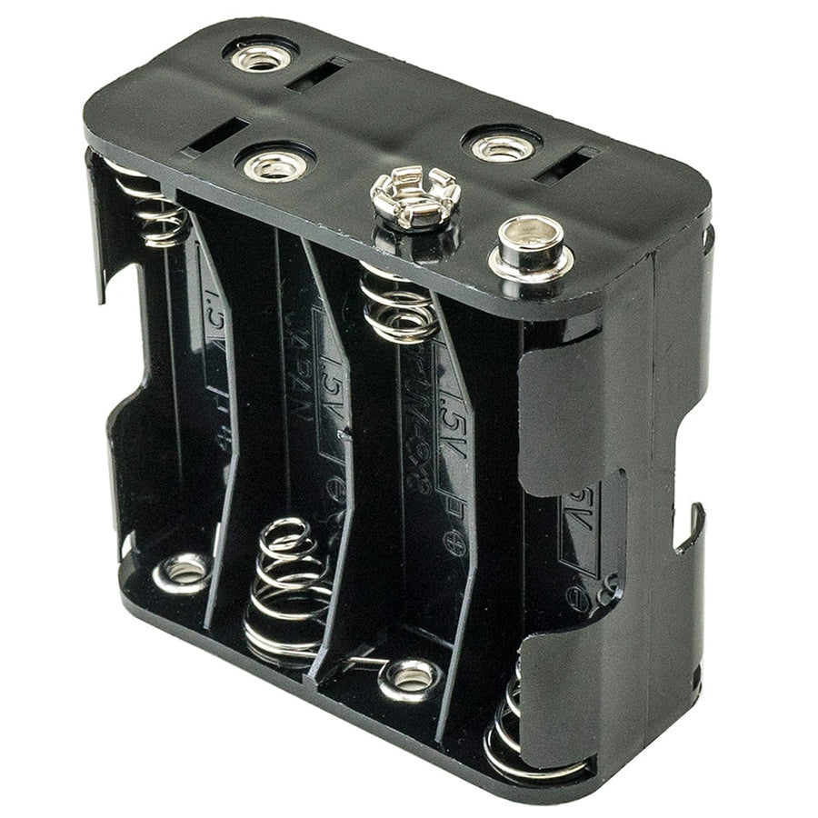 White's 12V 8-cell AA battery holder showing plastic housing and terminal connections