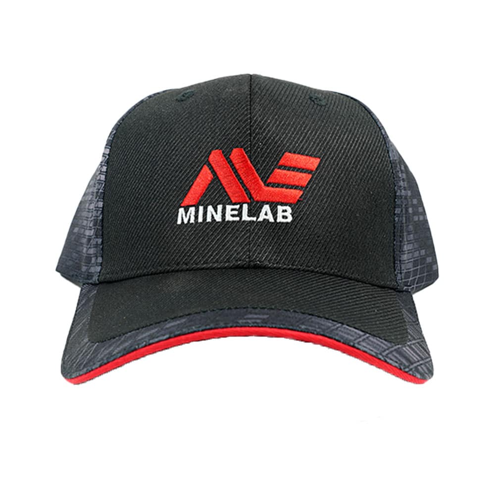 Minelab camo baseball hat with embroidered logo front view