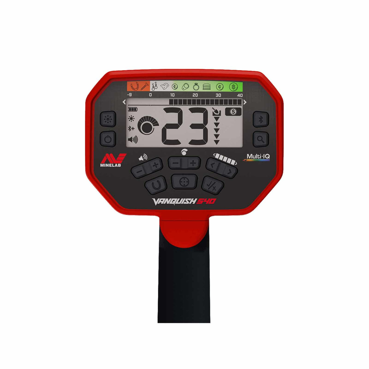 The Vanquish 540 control pod screen shows volume, battery level and a variety of detection settings. 