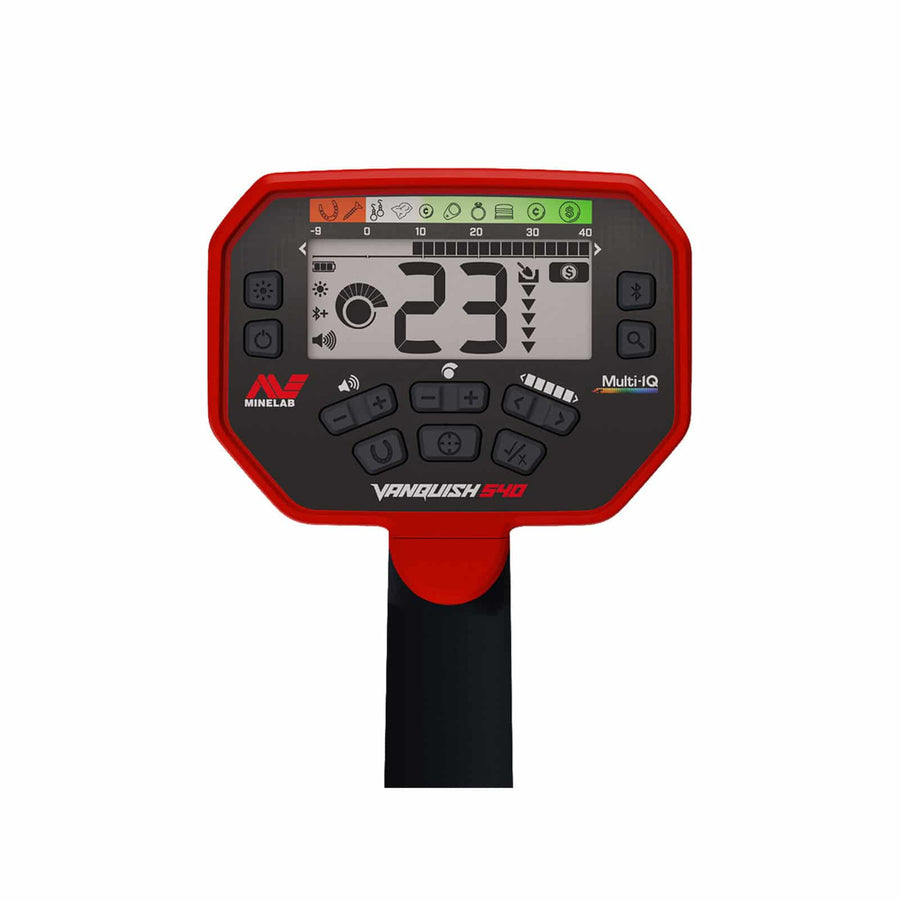 The Vanquish 540 control pod screen shows volume, battery level and a variety of detection settings. 