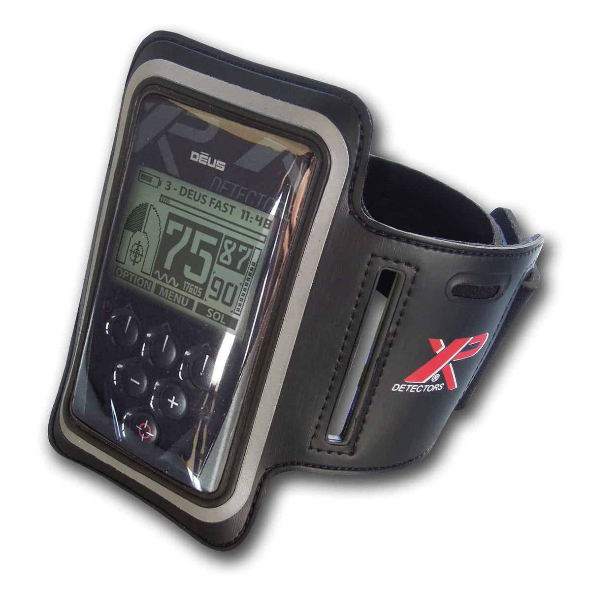 XP Deus metal detector remote control in black armband case with display screen visible
