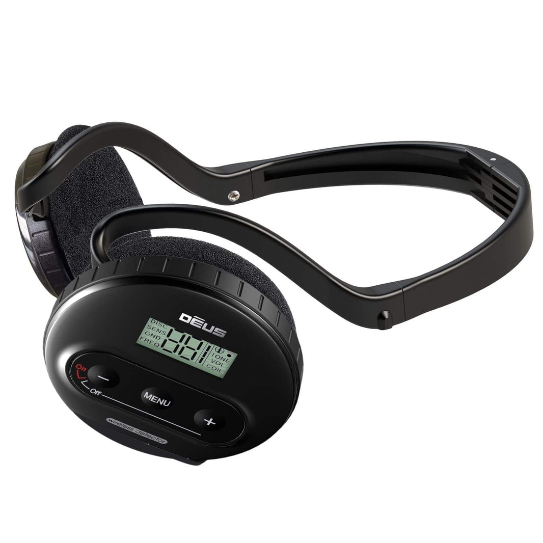 XP Deus WS4 wireless backphone headphones with integrated control interface and LCD display