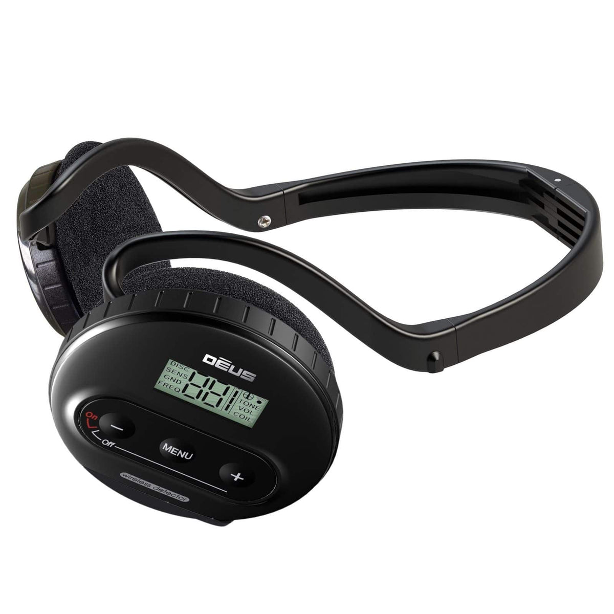XP Deus WS4 wireless backphone headphones with integrated control interface and LCD display