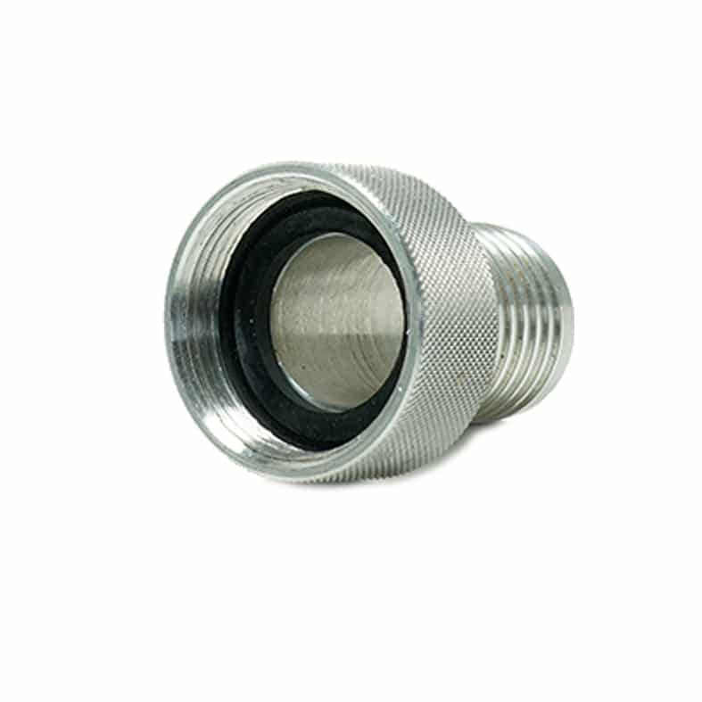 Close-up view of precision machined aluminum hose connector threading
