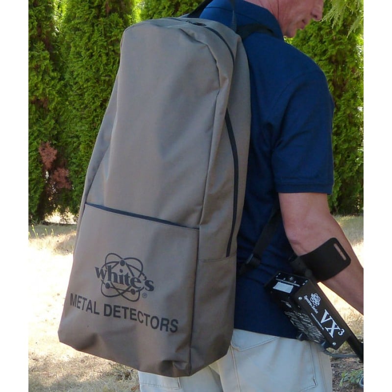 White's Electronics brown backpack case with zippered compartments and adjustable shoulder straps
