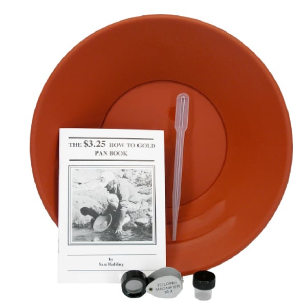 Gold Buddy beginners gold panning kit with red Archer pan, tweezers, vial and instruction book