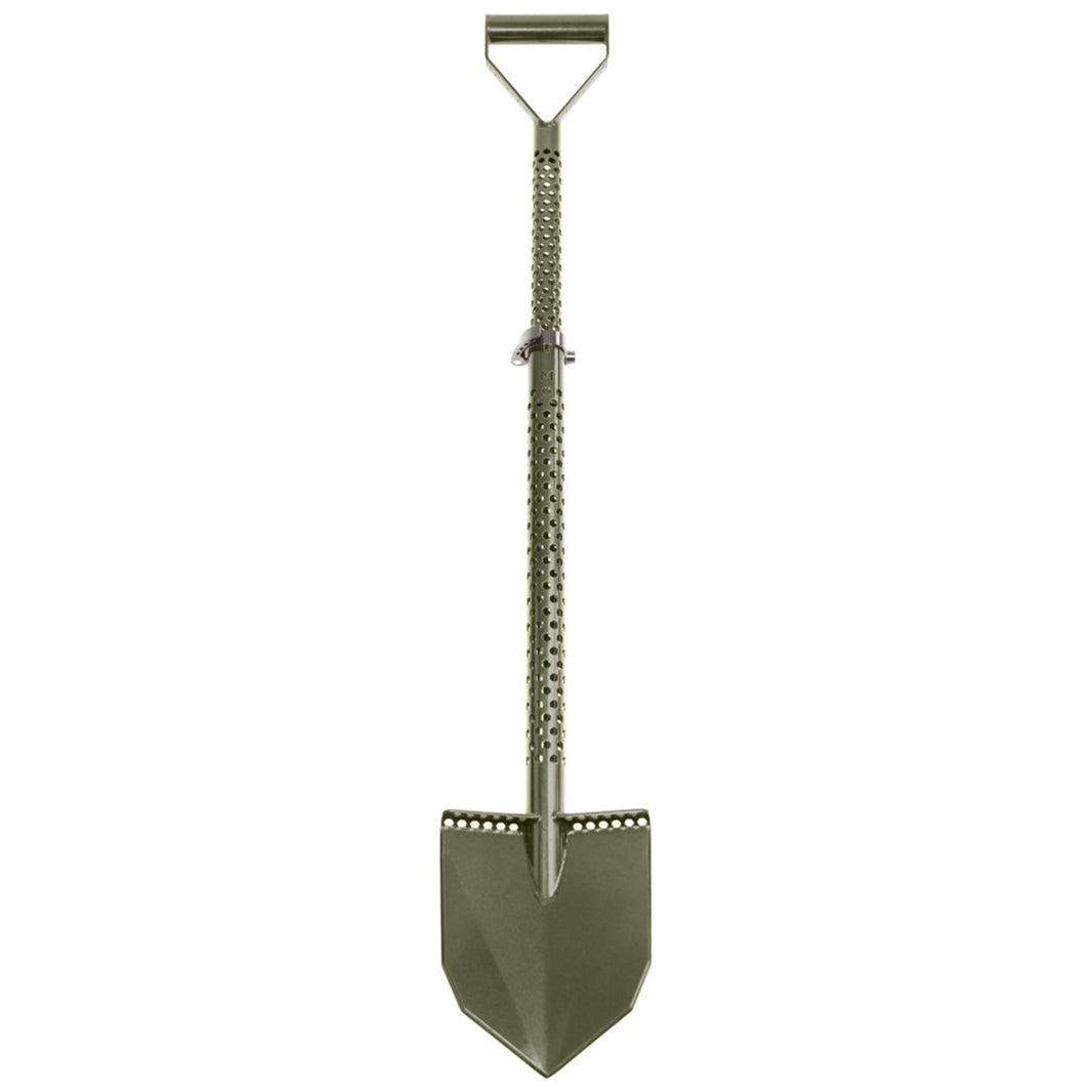 Motley Field Fox adjustable travel shovel in green with D-handle and heat-treated blade