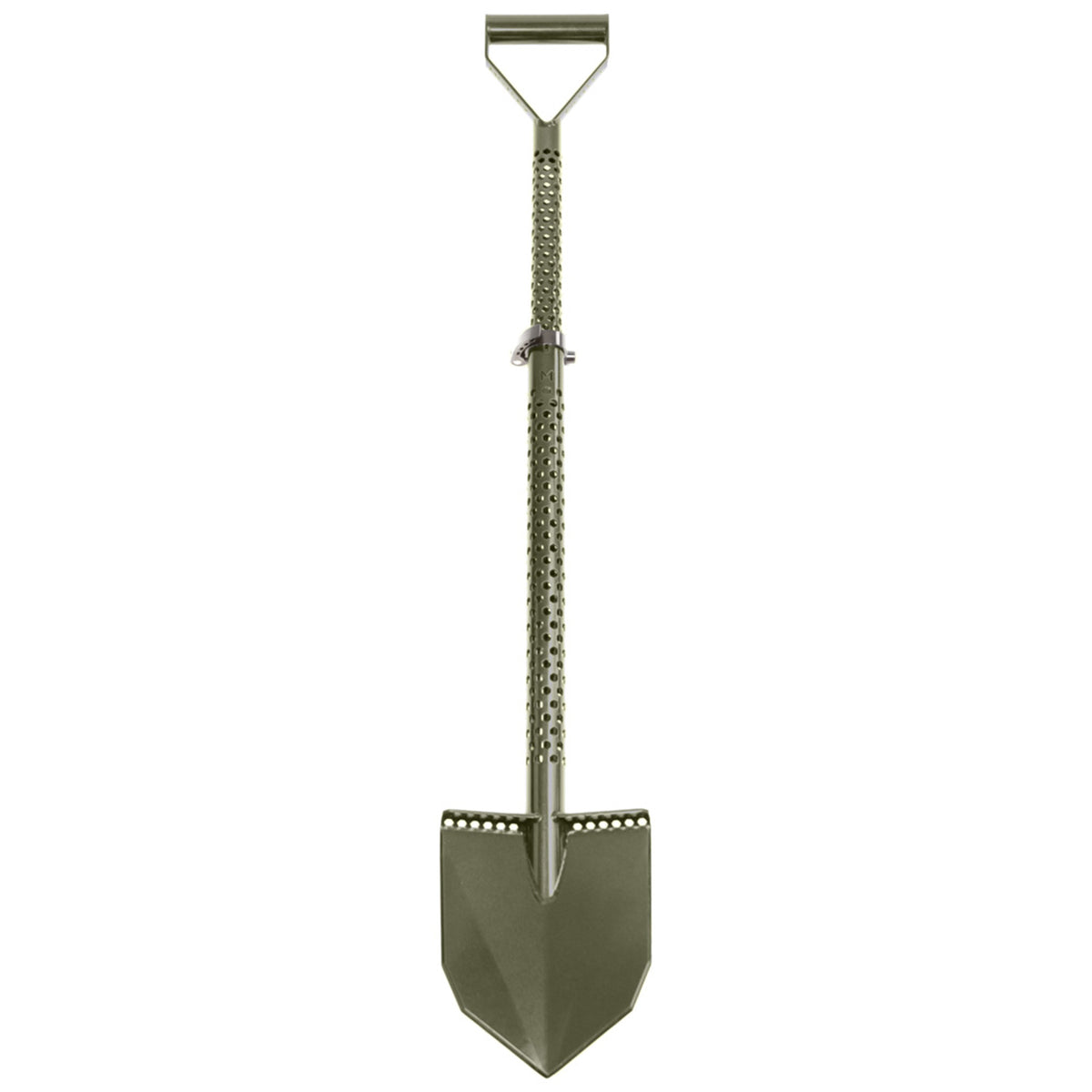Motley Field Fox adjustable travel shovel in green with D-handle and heat-treated blade