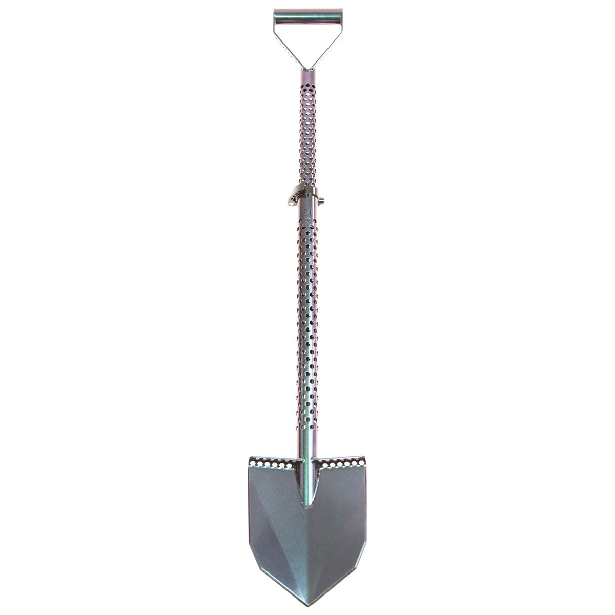 Motley Field Fox metal detecting shovel in chameleon color showing adjustable length mechanism
