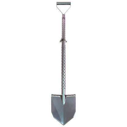 Motley Field Fox metal detecting shovel in chameleon color showing adjustable length mechanism
