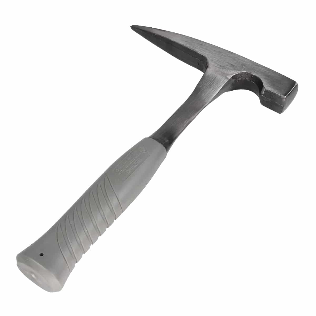11-inch rock pick hammer with rubberized grip handle, pointed steel tip, and plastic tip cover
