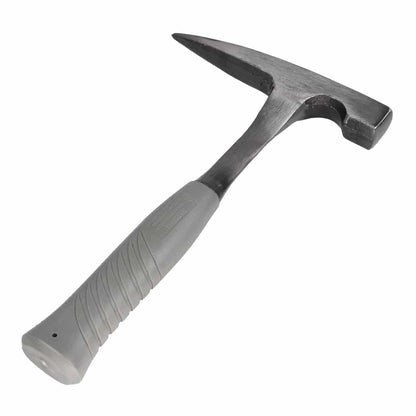 11-inch rock pick hammer with rubberized grip handle, pointed steel tip, and plastic tip cover