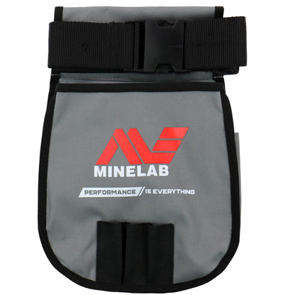 Minelab grey and black finds pouch with red logo, adjustable belt attachment, 12x7.5x6 dimensions