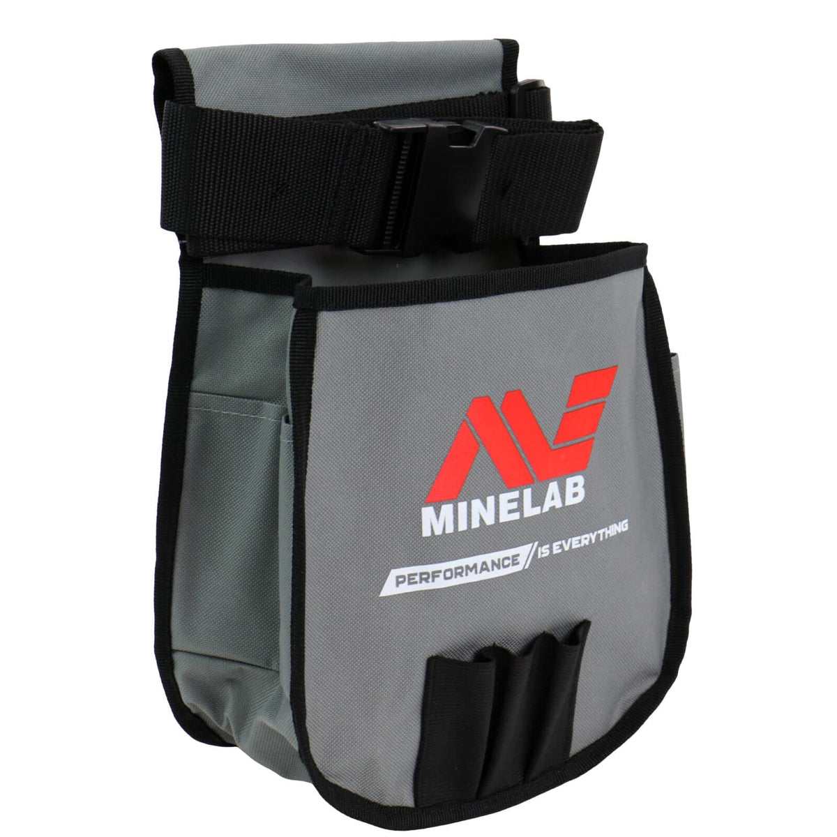 Minelab treasure hunting pouch with belt attachment system visible