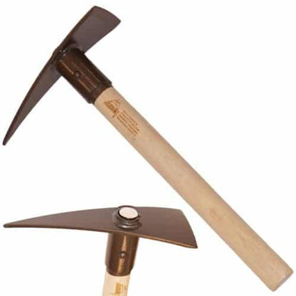 Apex Badger LT prospecting pick with hickory handle and magnet mounted in the black steel head