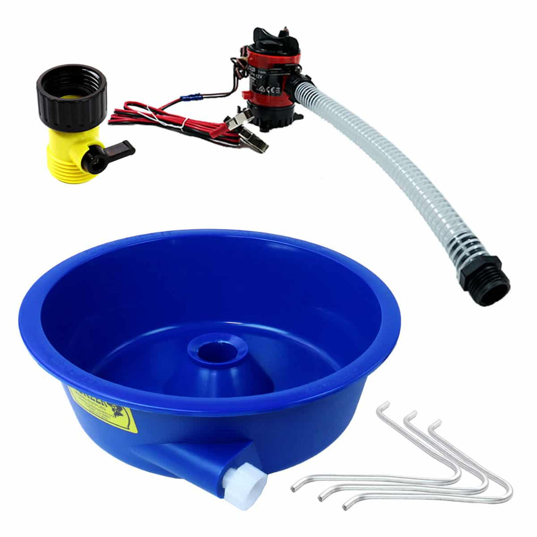 Blue Bowl Concentrator Kit with 750 GPH 12V pump, flex hose, control valve, and leveling legs