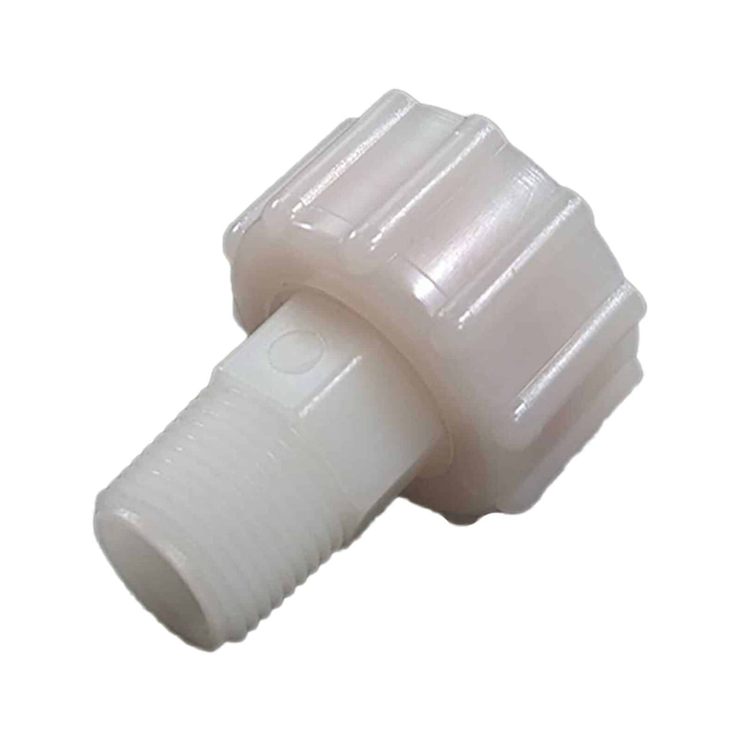 Close-up view of Blue Bowl valve fitting showing threading and connection details