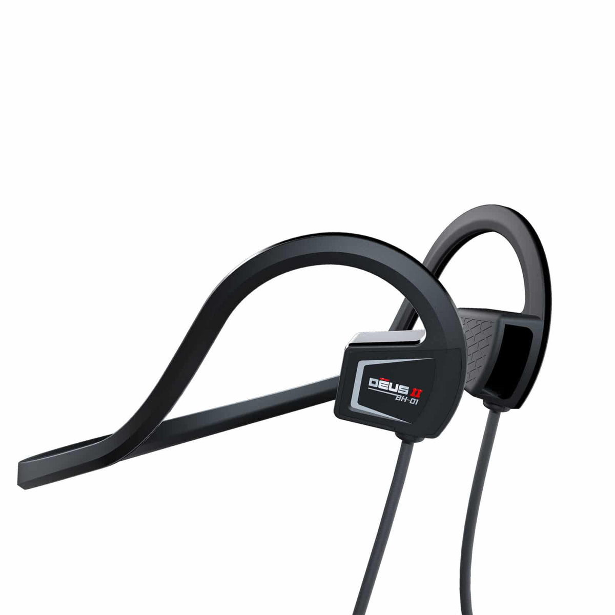 XP BH-01 bone conduction headphones with red transducers and gray headband on white background