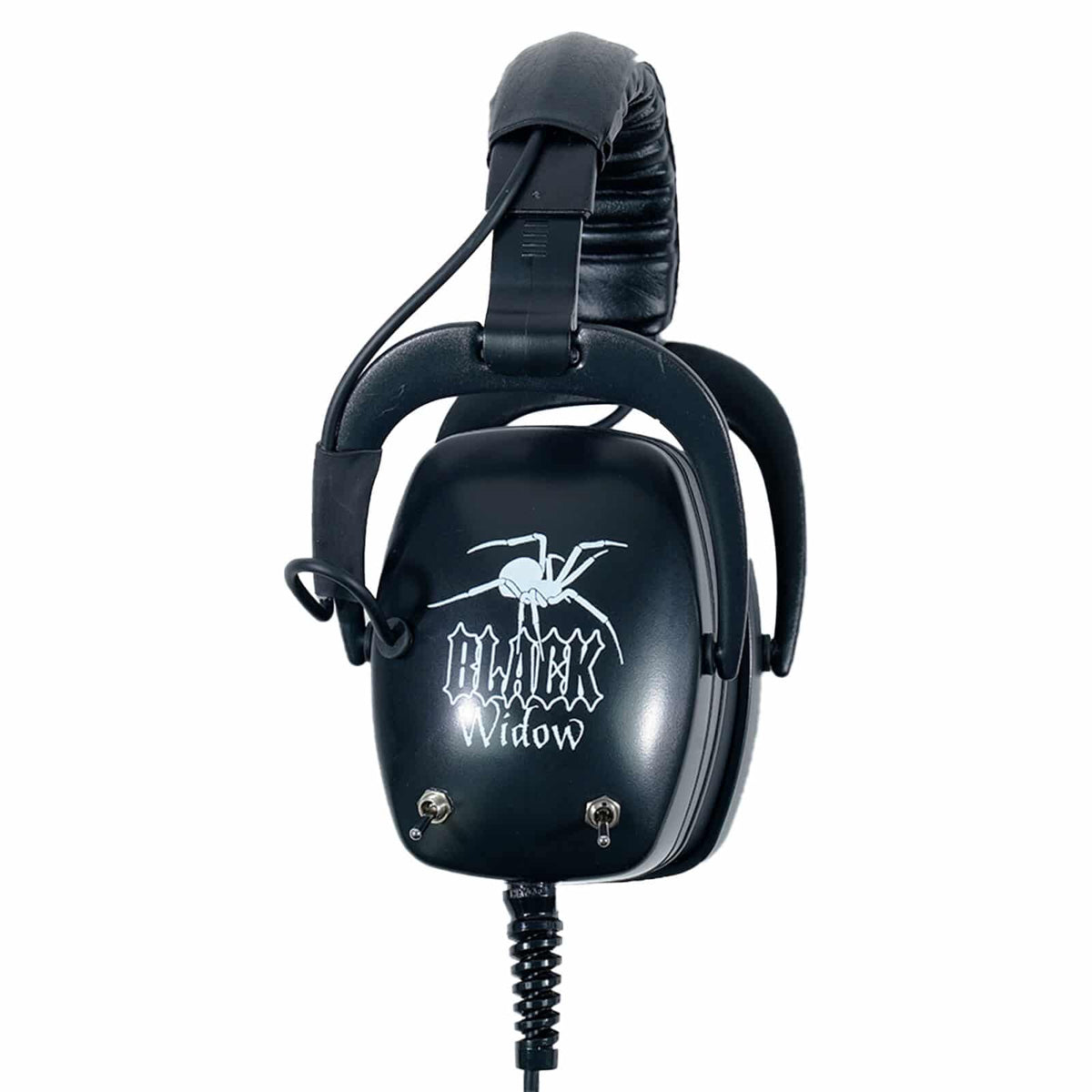 Side view of Black Widow Platinum earcup with spider logo