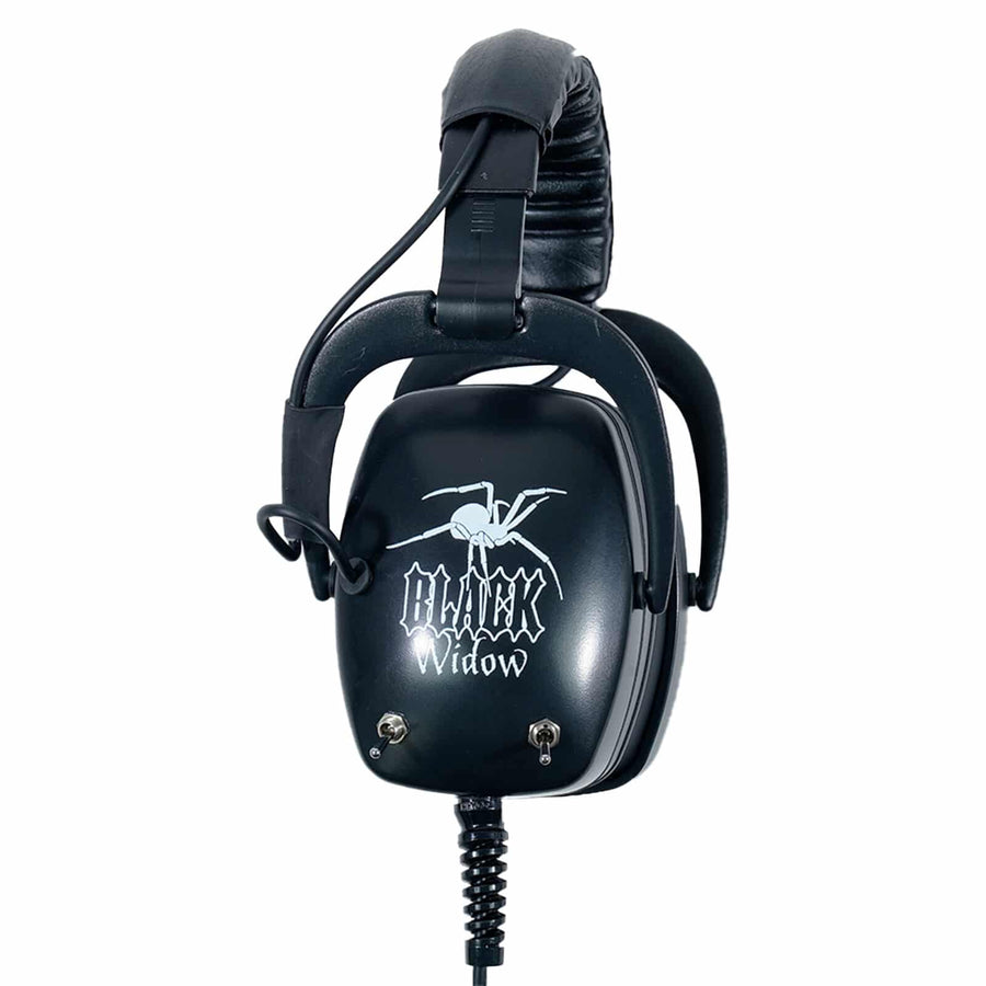 Side view of Black Widow Platinum earcup with spider logo