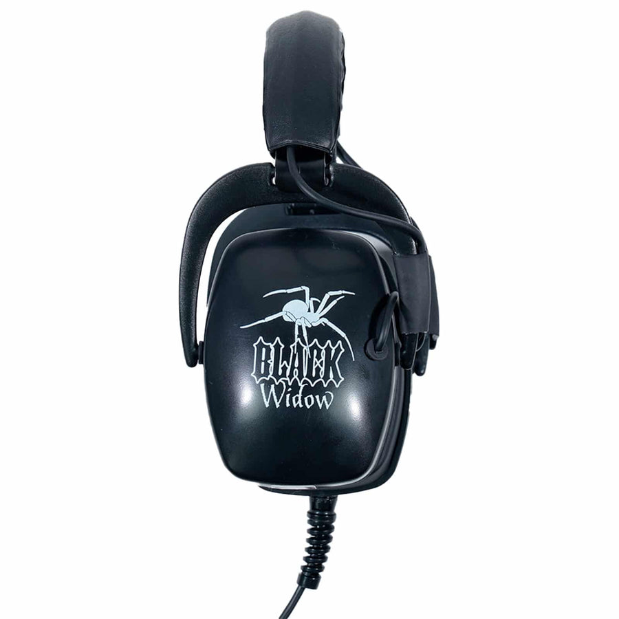 Black Widow Platinum headphones angled side view showing the extended muff
