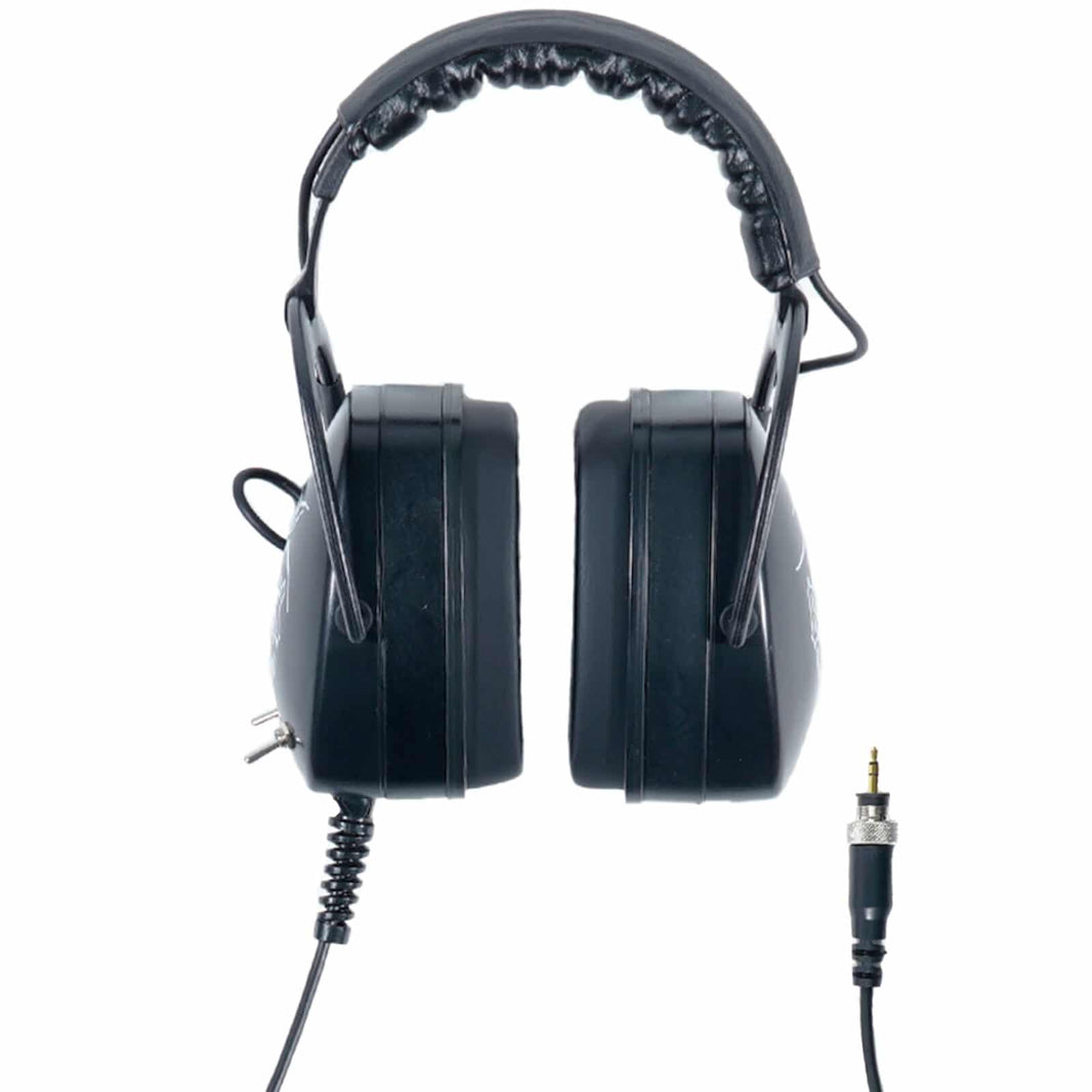 DetectorPro Black Widow Platinum headphones, front view with 1/8 in plug