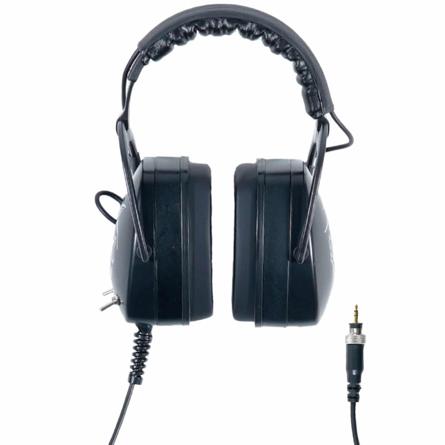 DetectorPro Black Widow Platinum headphones, front view with 1/8 in plug