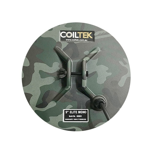 Coiltek 9 inch ELITE Monoloop search coil for Minelab metal detectors showing black round coil design