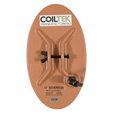 Coiltek 10x5 elliptical DD coil showing black housing with cable connector for Minelab Sovereign detector
