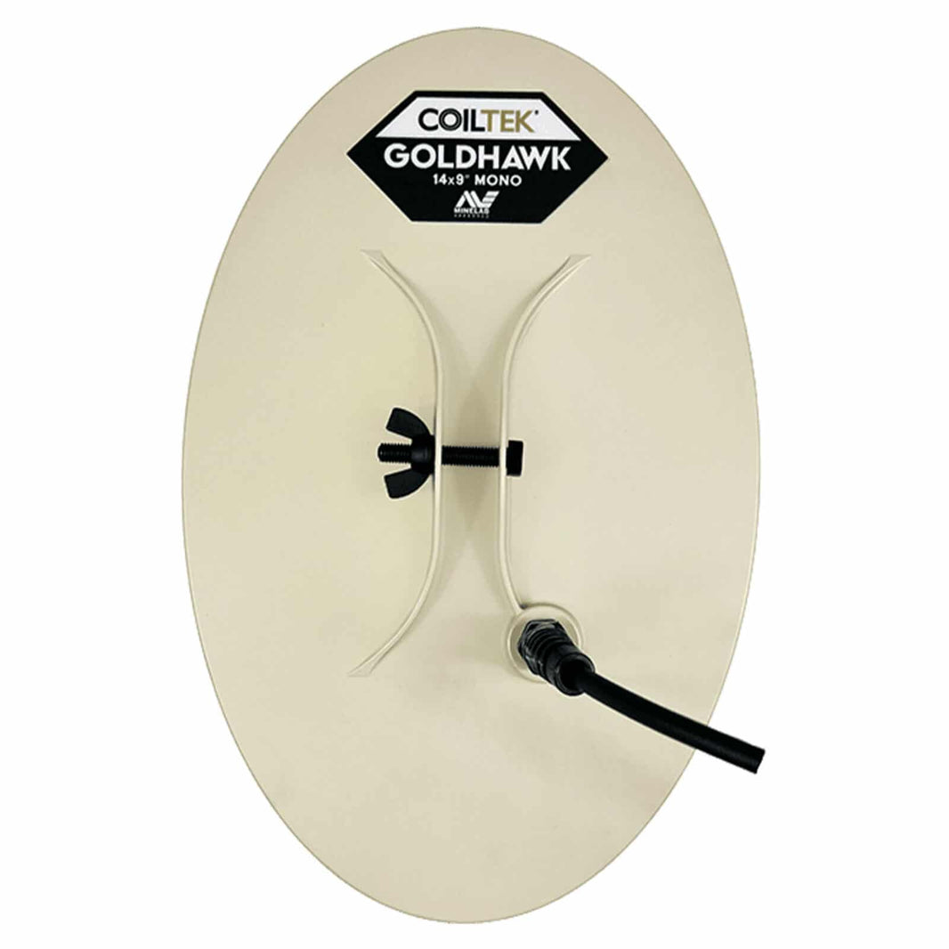 Coiltek Goldhawk 14x9 MONO search coil for Minelab GPX 6000 metal detector with attached skidplate