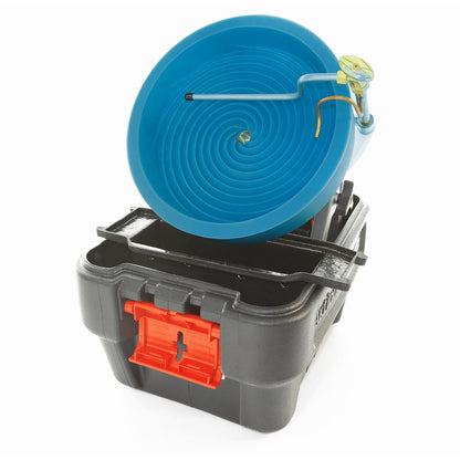 The Camel Mining Desert Fox automatic gold panning machine is shown fully assembled on top of its included storage bin, which doubles as a base