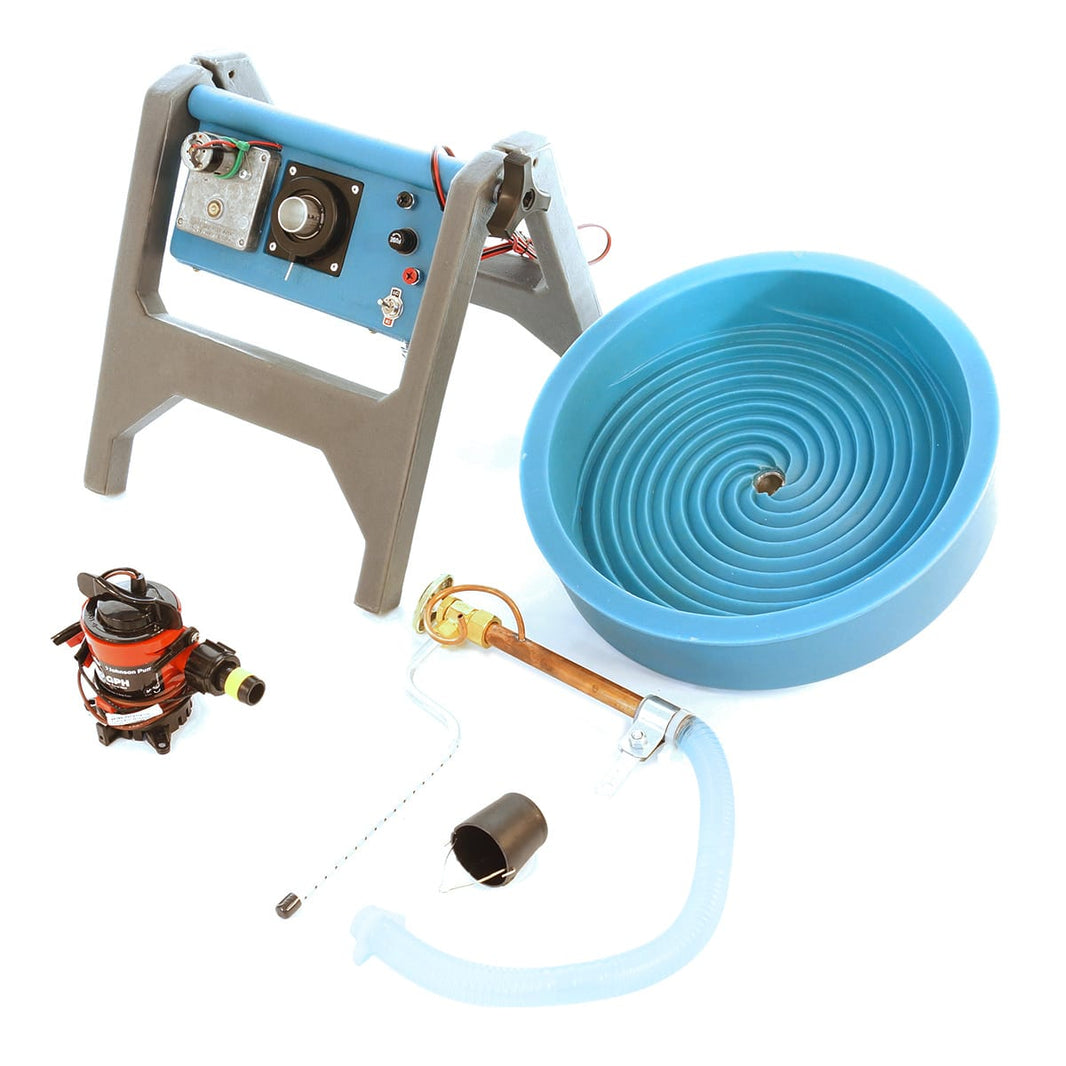 Components of the Camel Mining Desert Fox automatic gold panning machine, including stand, motor, pump and seven-spiral blue wheel 