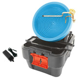 Desert Fox gold panning machine with blue 7-spiral wheel and spray bar mounted on its Action Packer tub, power supply beside
