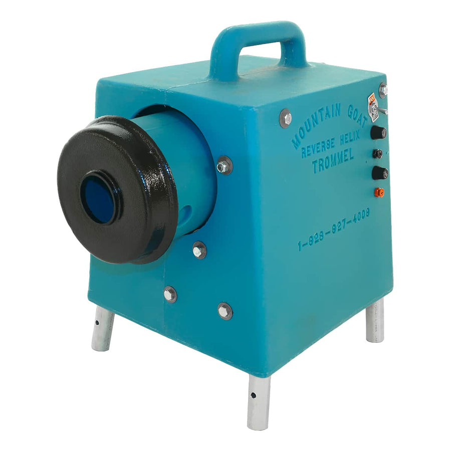 Camel Mining Mountain Goat reverse helix trommel in blue with carry handle and nugget trap end