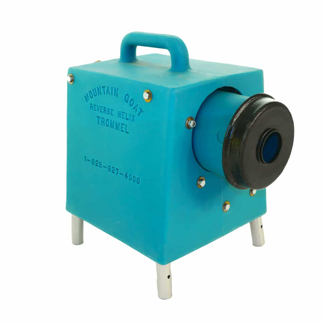 Camel Mining Mountain Goat reverse helix trommel in blue with carry handle and nugget trap end