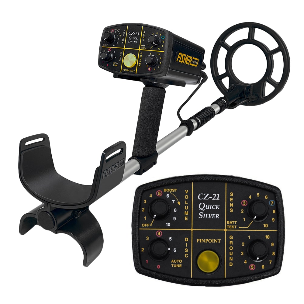 Fisher CZ-21 metal detector with 8-inch concentric waterproof coil, control housing, and submersible headphones