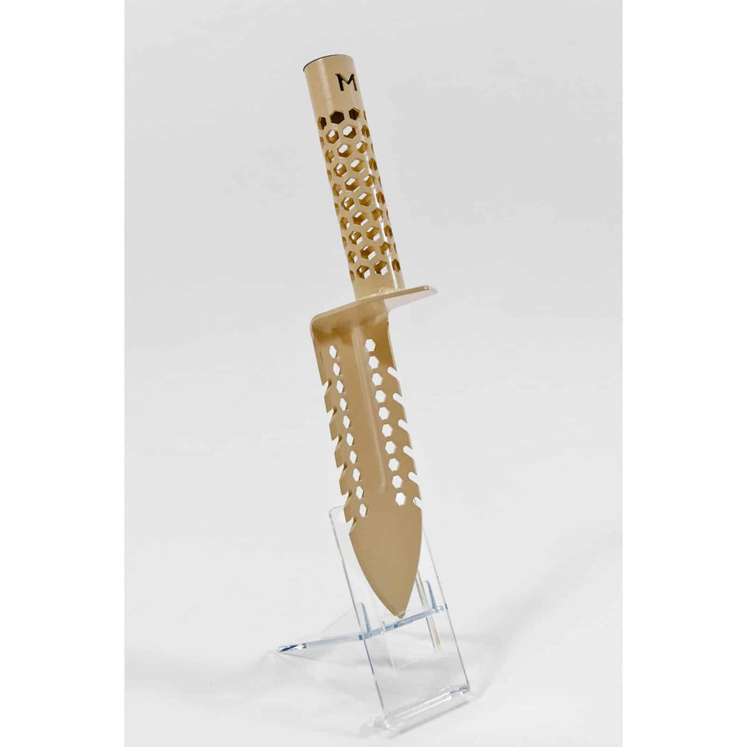 Motley Grass Knife in camel tan finish showing 12-inch length and hexagon grip handle