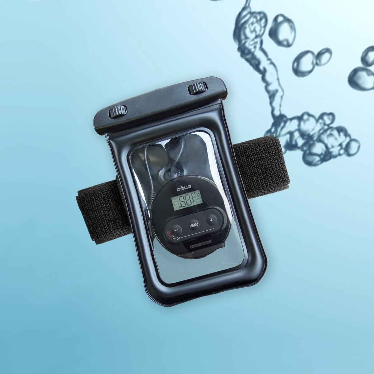Black waterproof case with armband strap holding digital metal detector remote control pod