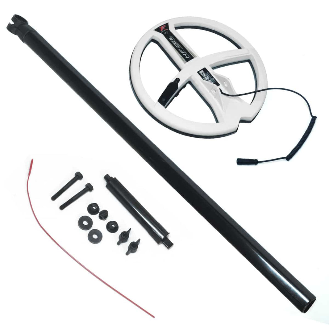XP Deus 9-inch round DD high frequency search coil with white housing and red wireless cable