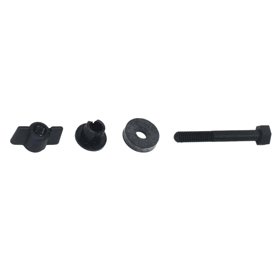 Black hardware kit components including wing nut, connector, washer, and bolt for XP Deus metal detector search coil