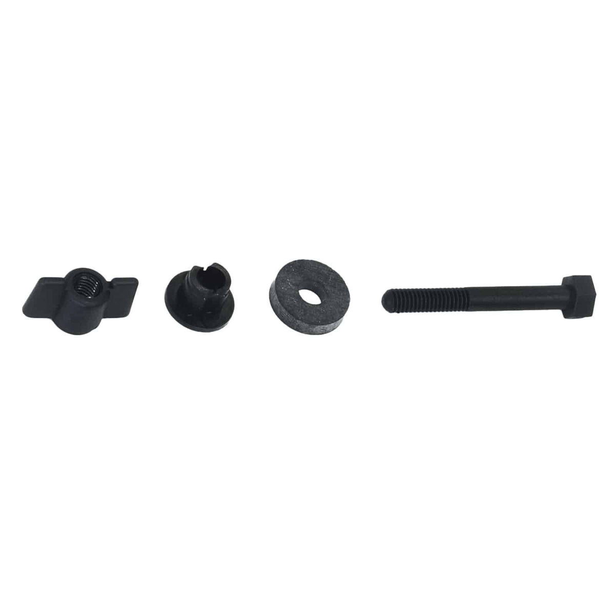 Black hardware kit components including wing nut, connector, washer, and bolt for XP Deus metal detector search coil