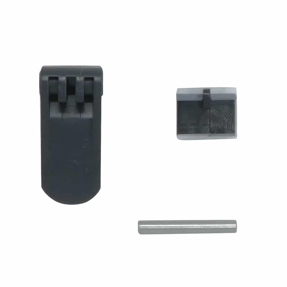 Black plastic locking collar, gray metal connector block, and steel pin components for telescopic handle assembly