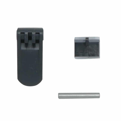 Black plastic locking collar, gray metal connector block, and steel pin components for telescopic handle assembly
