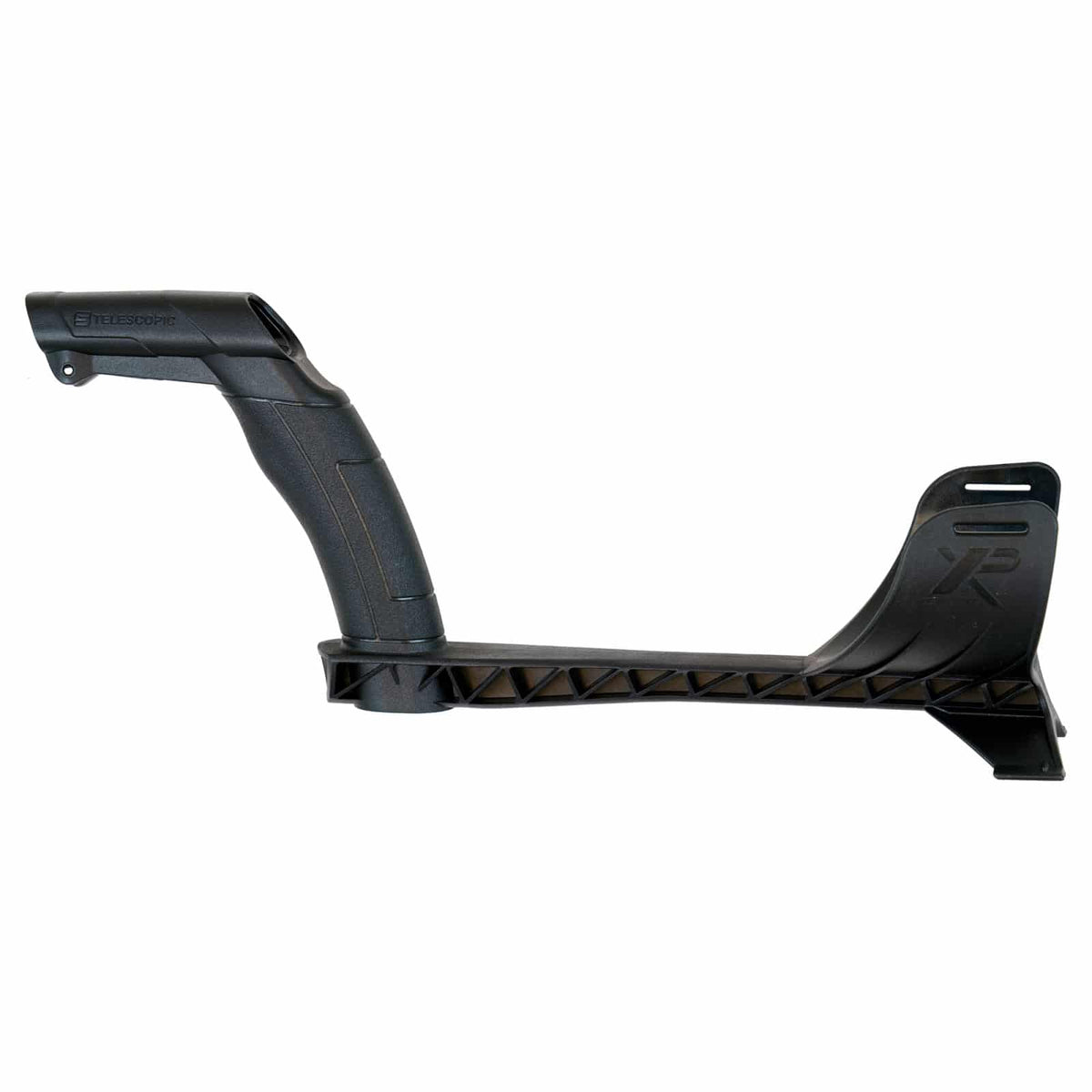 Close-up view of XP Deus replacement handle grip texture and armrest adjustment mechanism
