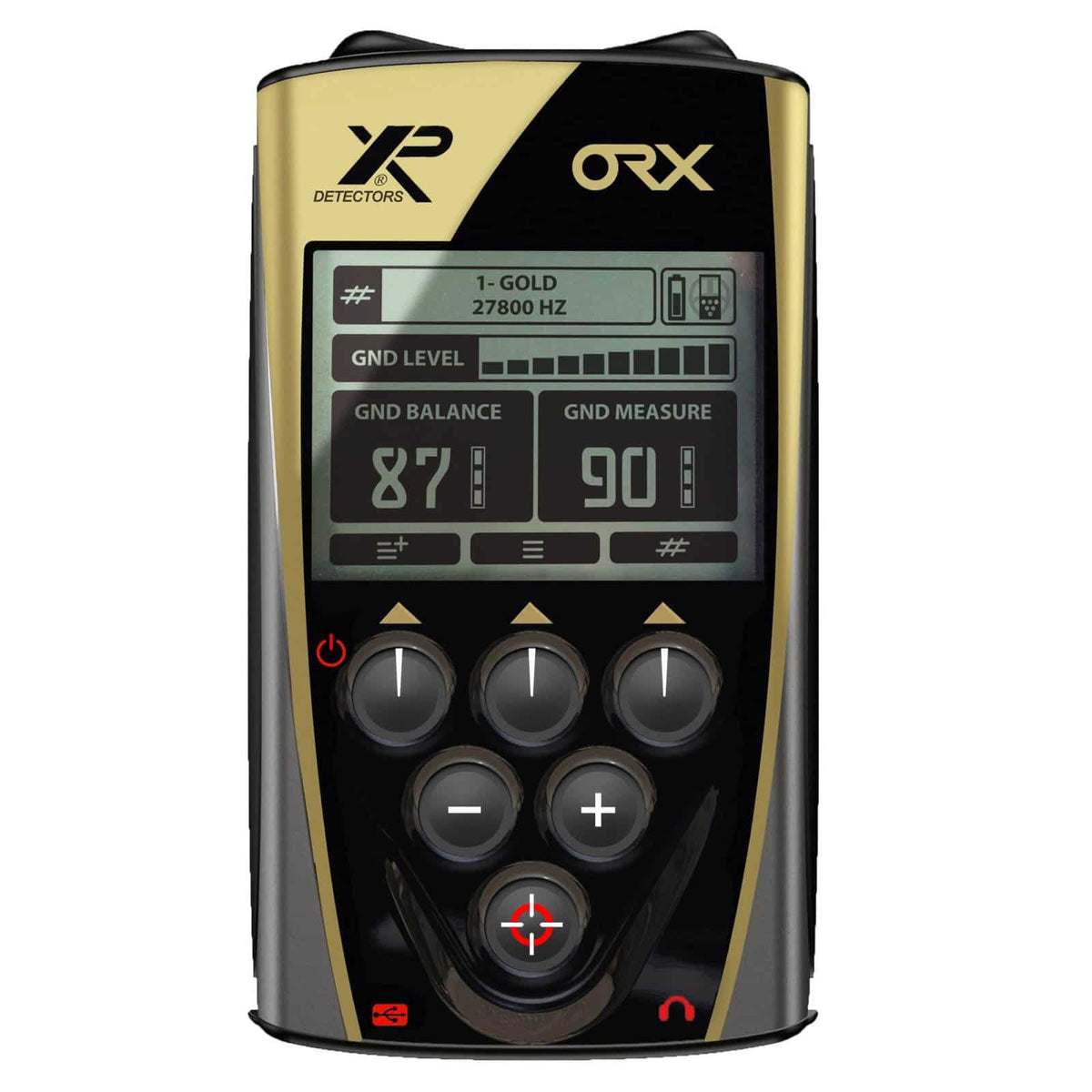 XP ORX metal detector remote control with gold and black design, LCD display showing gold mode and ground balance settings