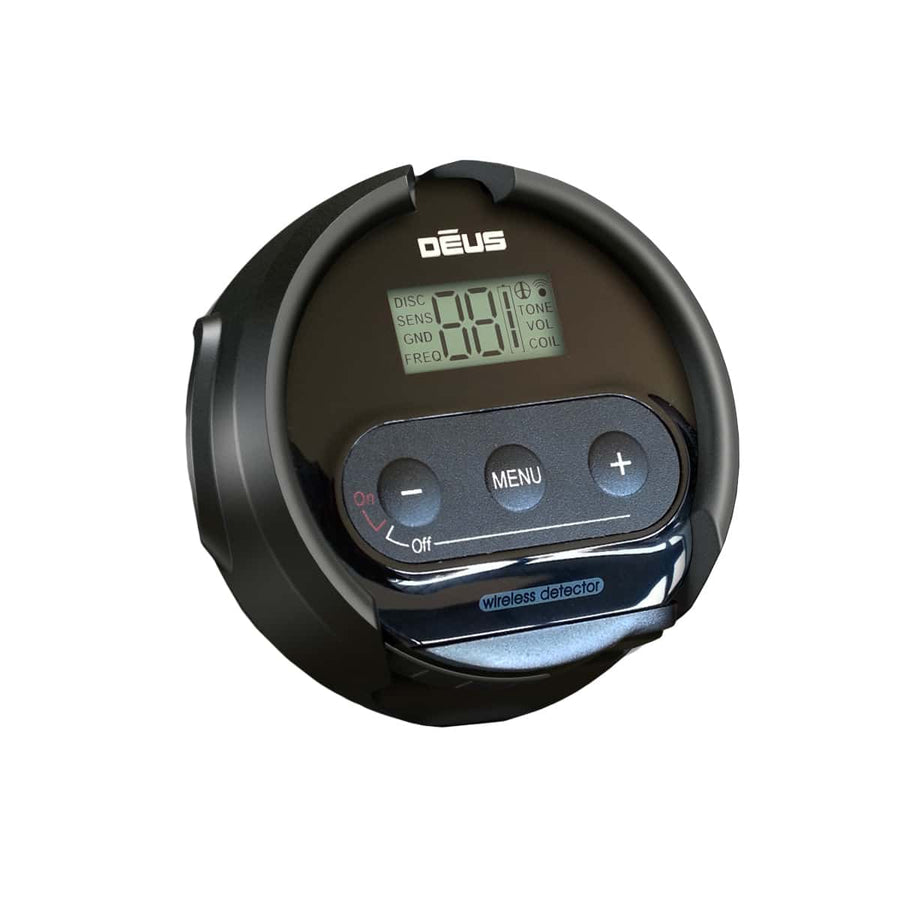 XP Deus WS4 wireless headphone puck with display, menu button, and volume controls
