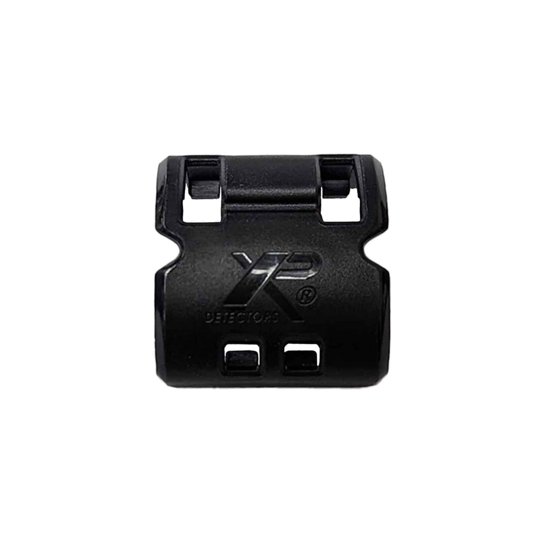 Black XP Deus II antenna clip with mounting slots and branded logo, front view