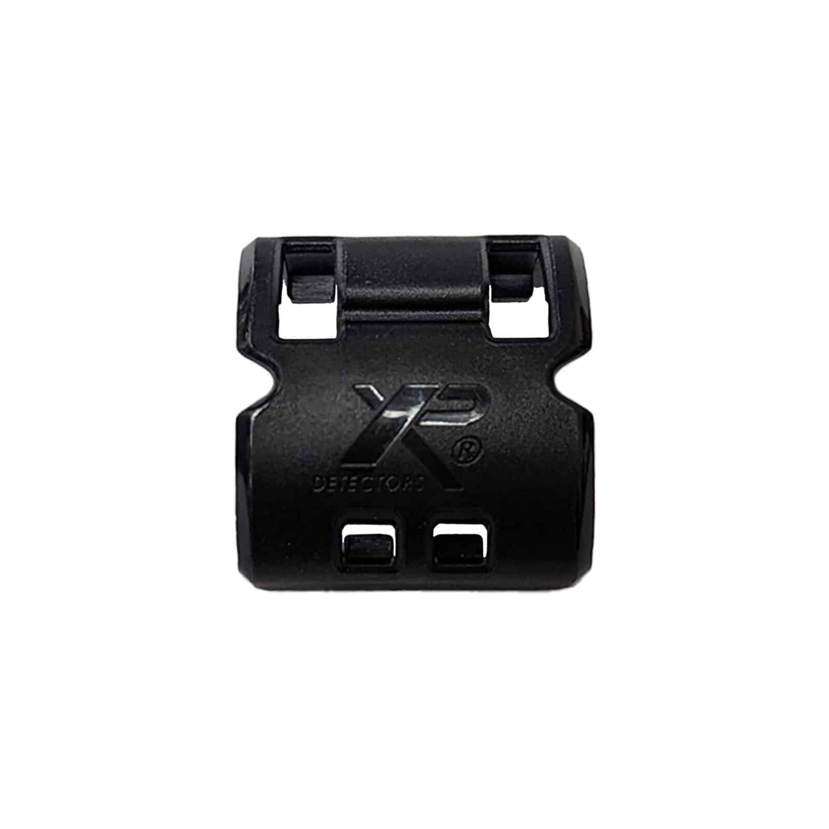 Black XP Deus II antenna clip with mounting slots and branded logo, front view