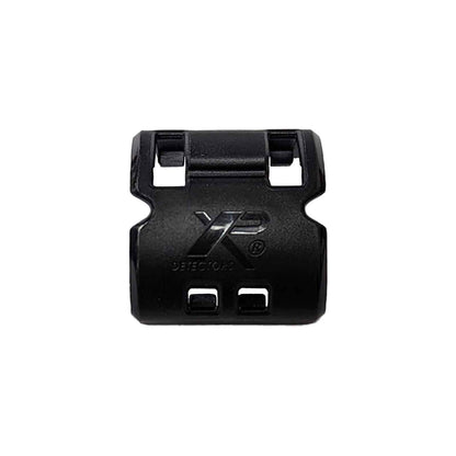 Black XP Deus II antenna clip with mounting slots and branded logo, front view