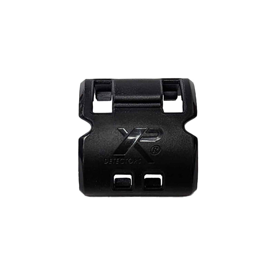 Black XP Deus II antenna clip with mounting slots and branded logo, front view